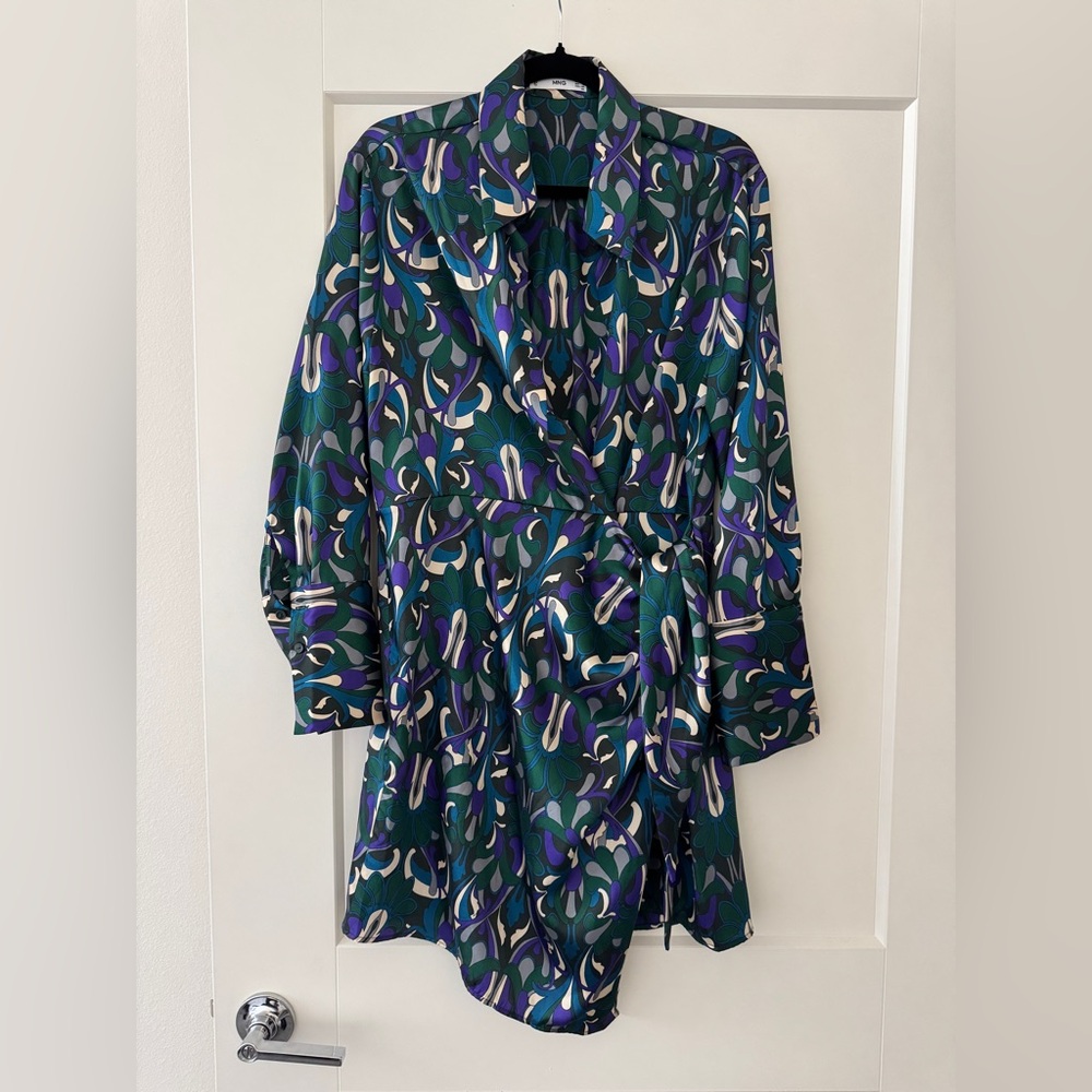Green and Purple Pattern Bow Wrap Dress